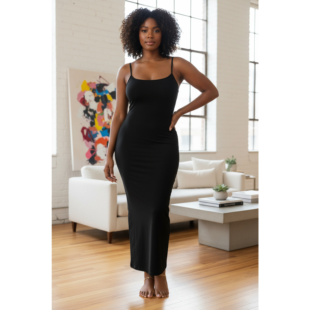 Popilush Slip Long Modal Slimming Maxi Dress Black 3XL | Curve Minimalist Sleek